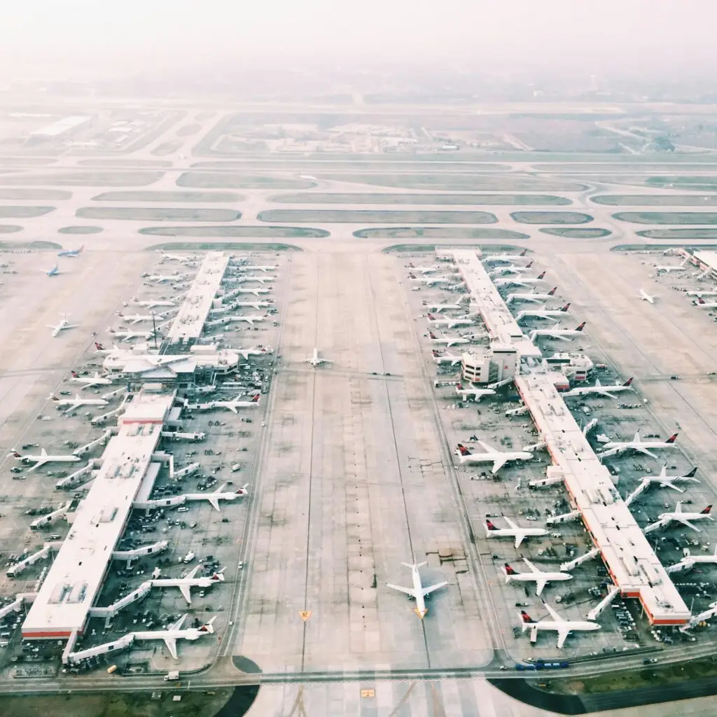 Aerial view of an airport apron with parked aircraft